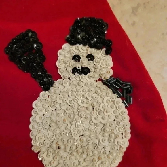 Vintage Red Velour Christmas Stocking Homemade Sequins Tree Snowman - Picture 4 of 7